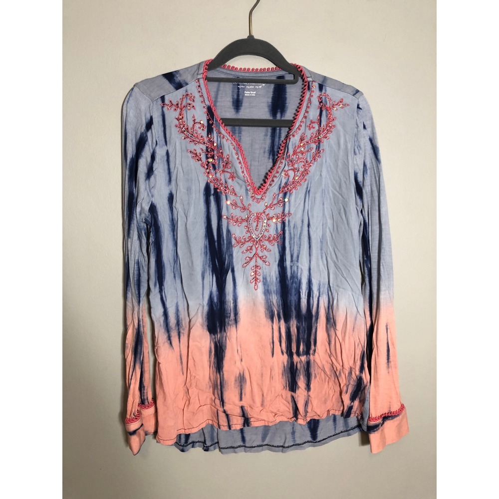Soft Surroundings Top Women Petite Small Blue Peach Tie Dye Embroidered Sequin